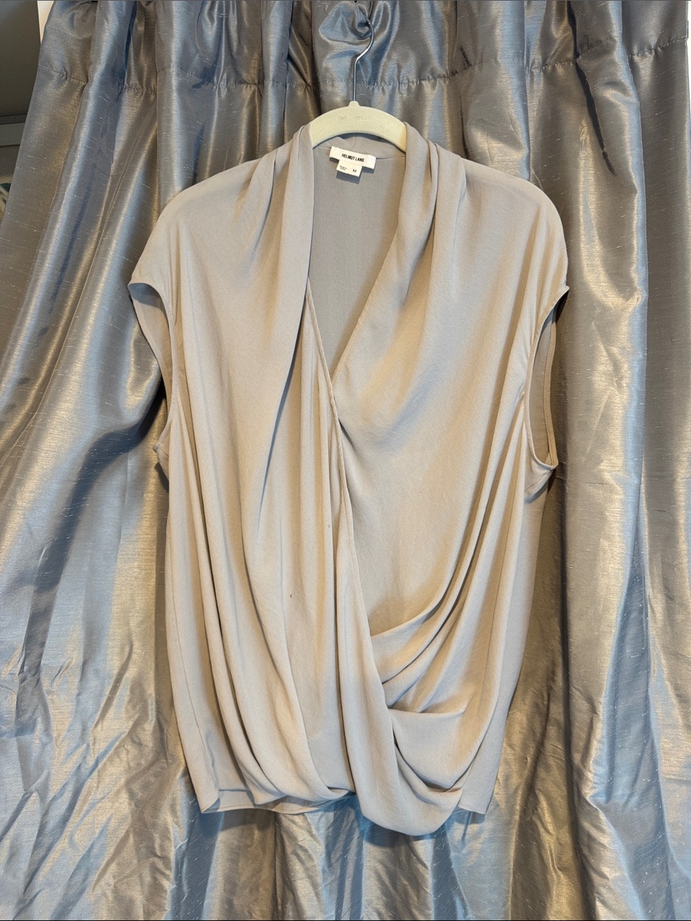 Helmut Lang grey/cream Draped Wrap-Front Sleeveless Top size Medium